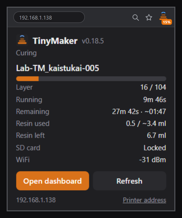 TinyMaker status in the Chrome toolbar: print progress and details in the popup