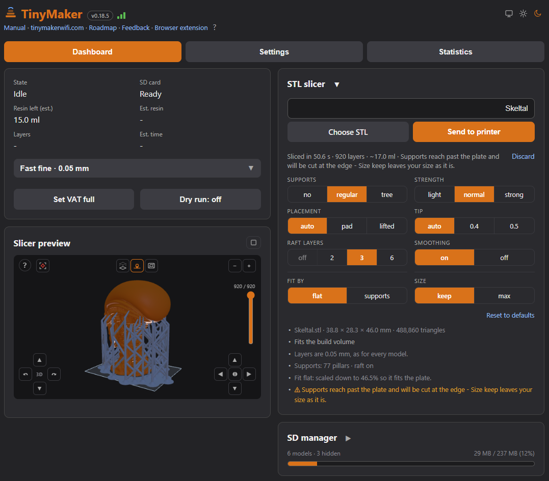 The web dashboard with the built-in slicer: an STL sliced in the browser with a 3D preview, supports and settings