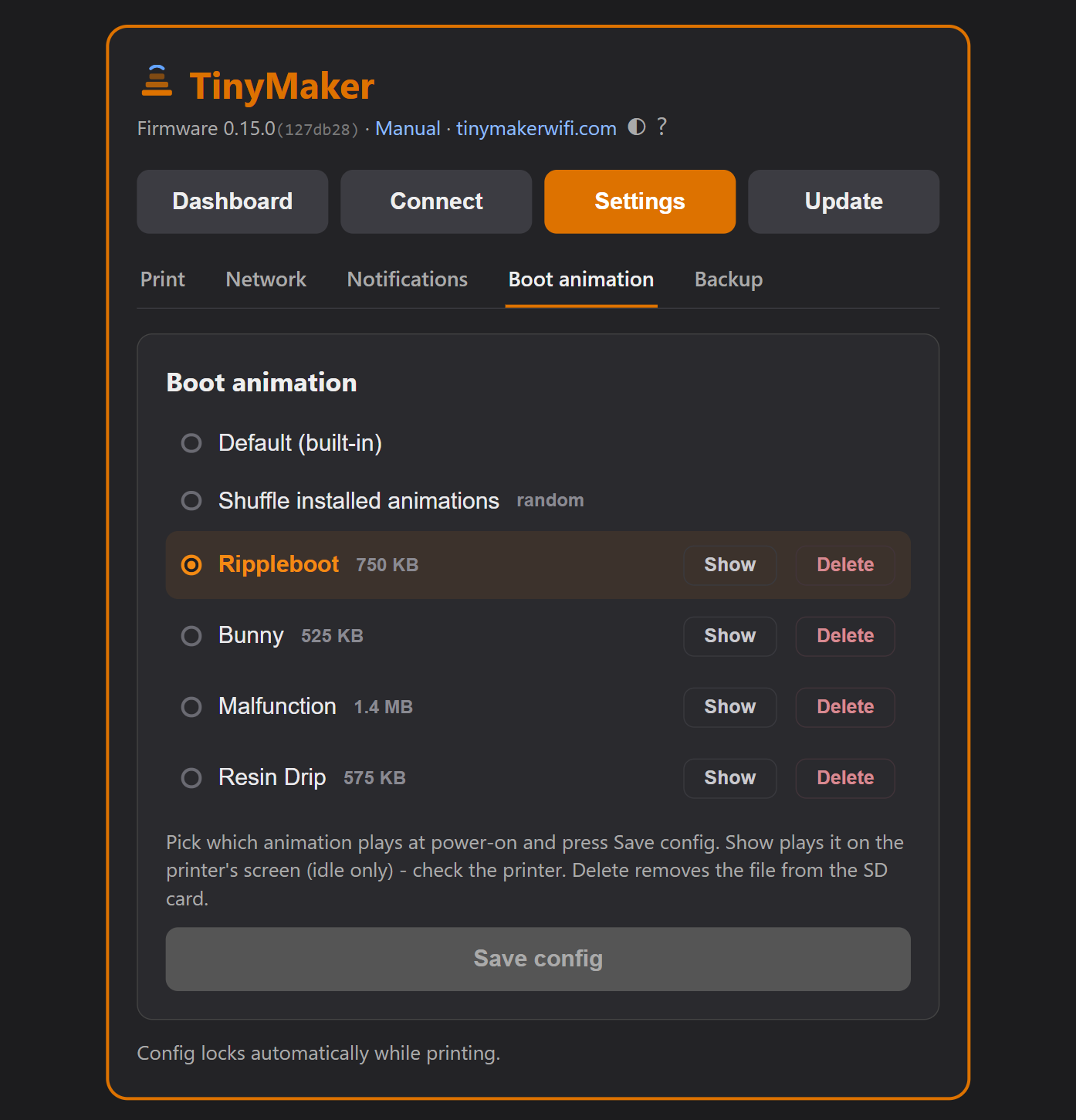 Settings, Boot animation tab: installed animations with Show and Delete, the staged selection and Save config