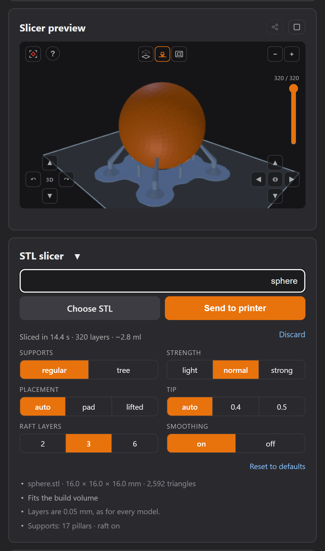 A model sliced in the browser: the preview shows the part in orange standing on its raft with 180 support pillars in blue, and the slicer card reports the time, the layers, the resin and the supports it added