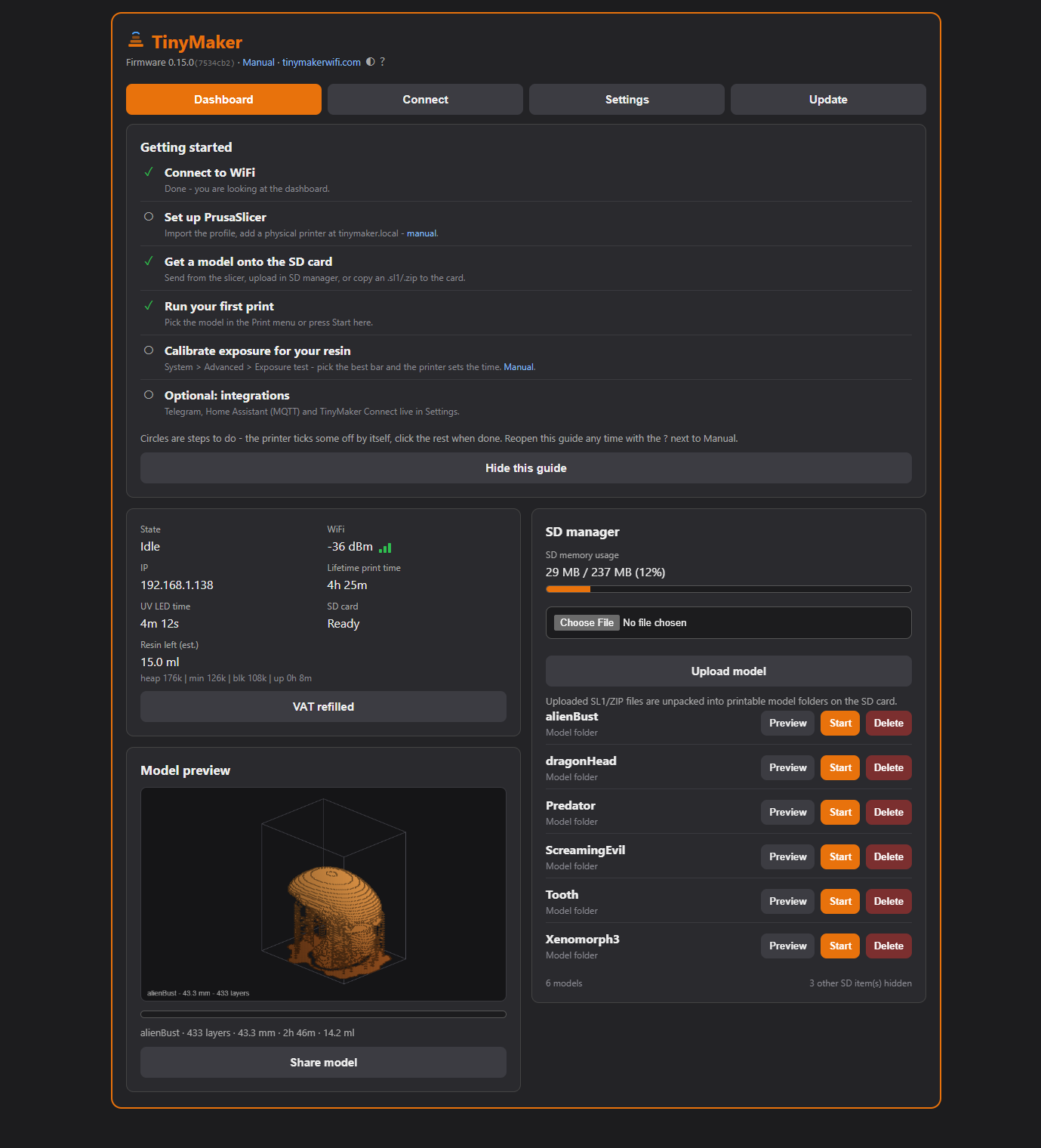 The dashboard on a desktop screen: status card with UV LED time and the Manual link, SD manager with models