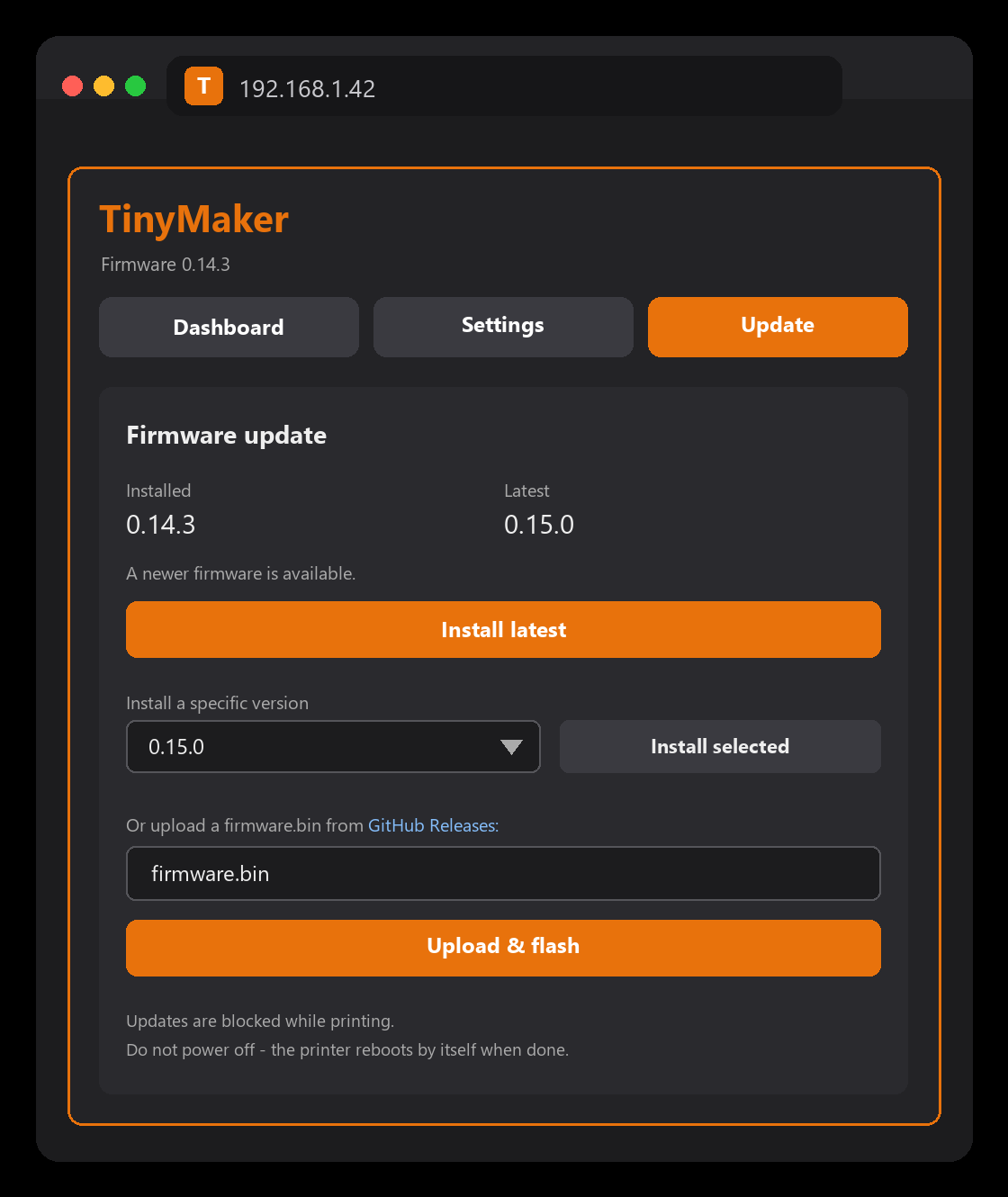 The dashboard Settings > Update pane: installed vs latest, install latest, version picker and file upload