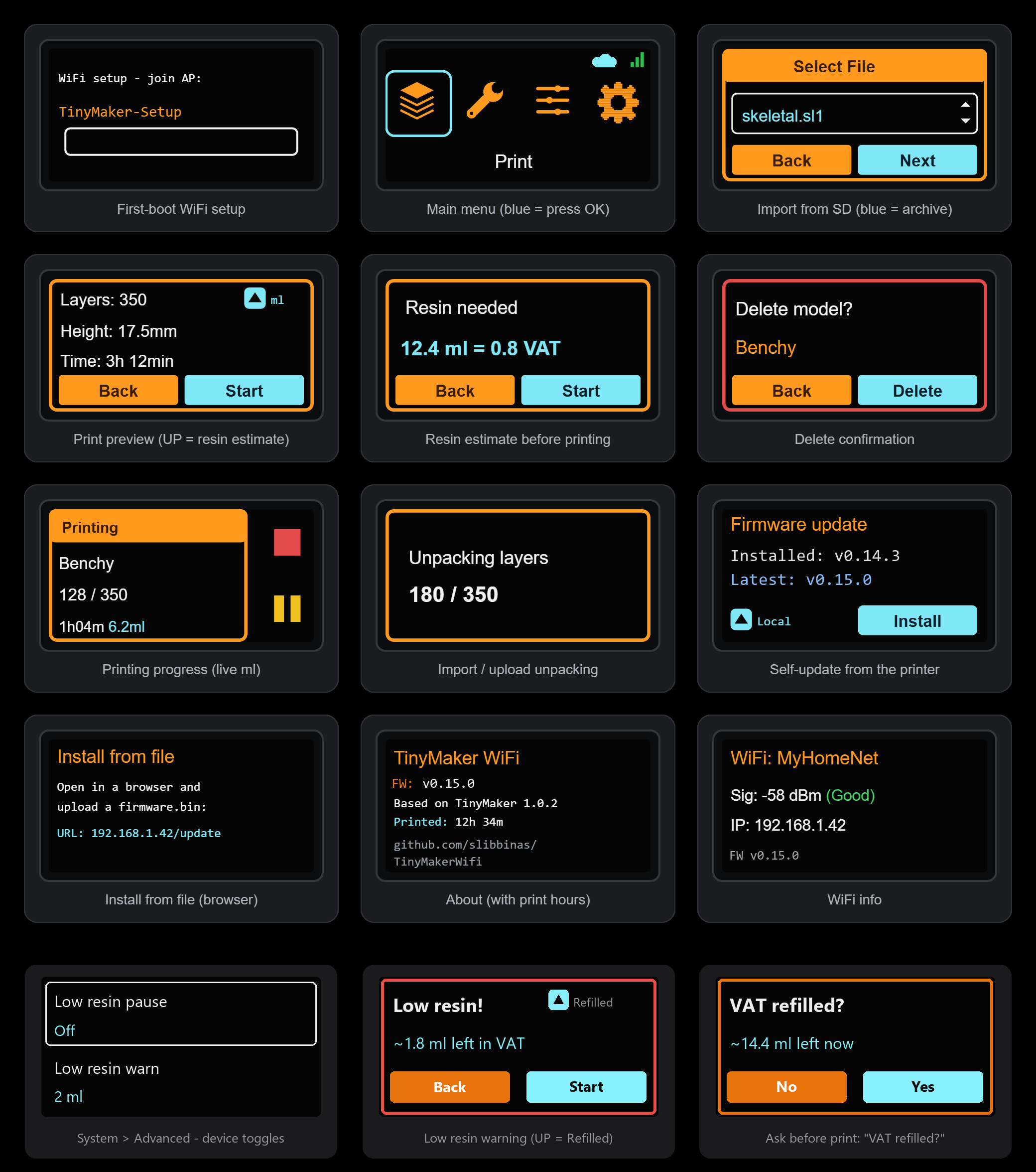 A montage of the TinyMakerWifi printer UI screens