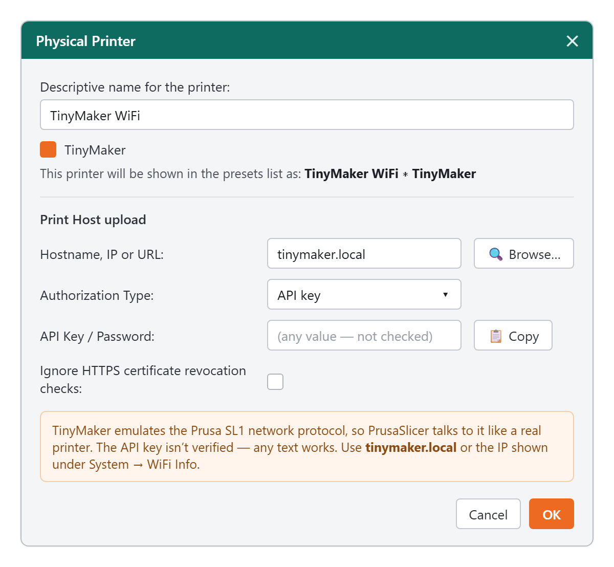 PrusaSlicer: adding a physical printer pointing at tinymaker.local