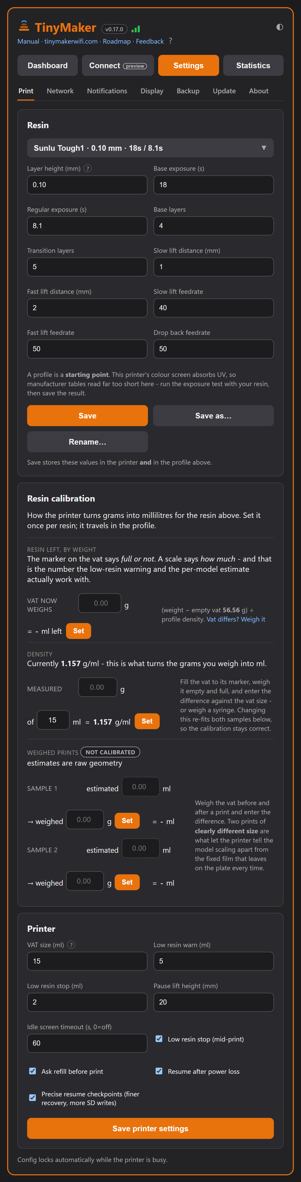 Settings, Print tab: the selected profile with its whole recipe - layer height, exposures, layers and the four lift settings - then Save, Save as and Rename, the resin calibration by weight, and the printer-side values below