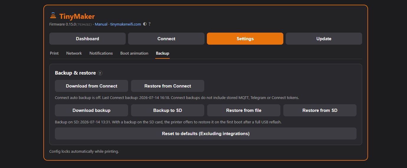 The Settings tab with the Backup & restore buttons: Download backup, Backup to SD, Restore from file