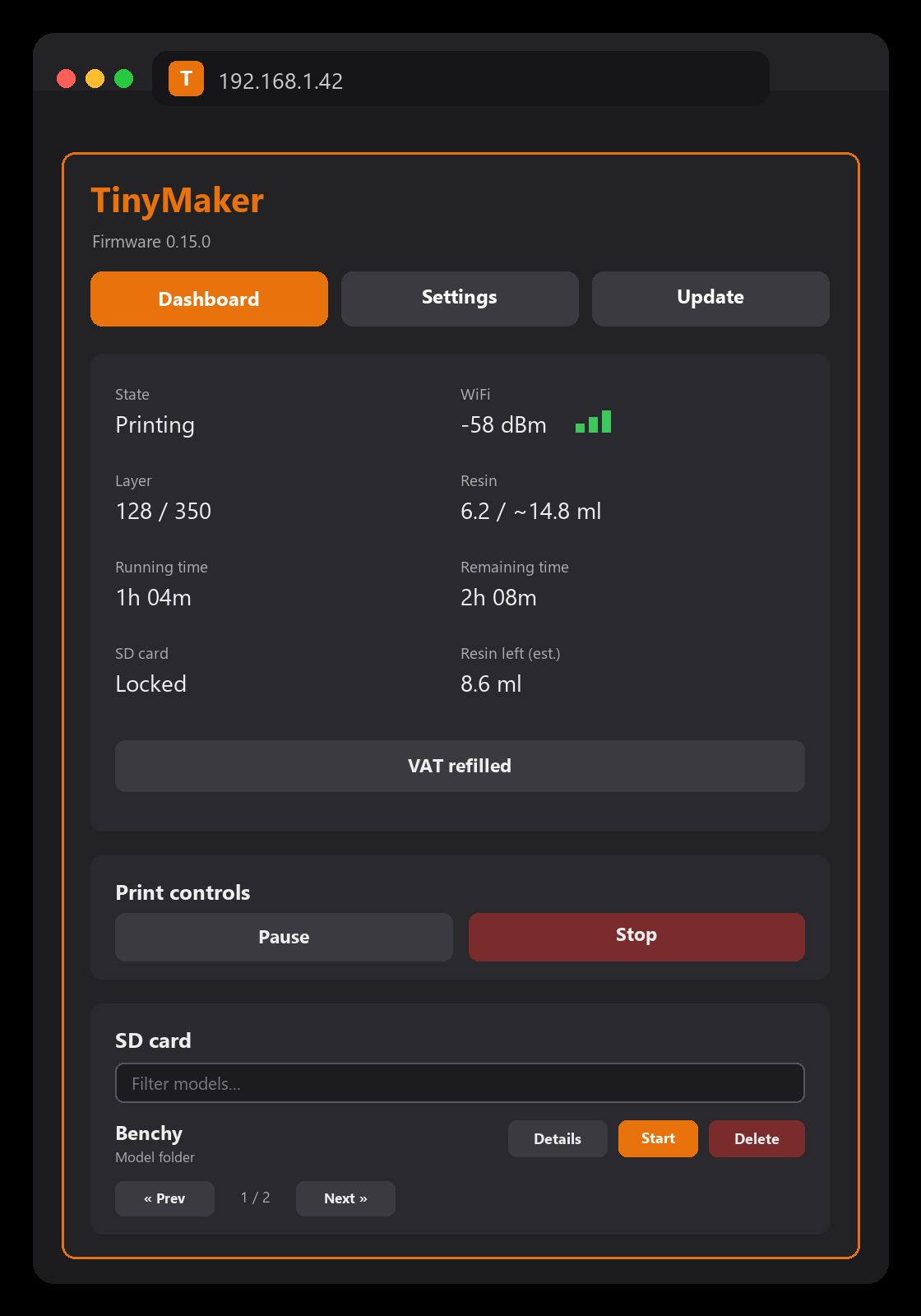 The TinyMakerWifi web dashboard: live status, controls and SD manager