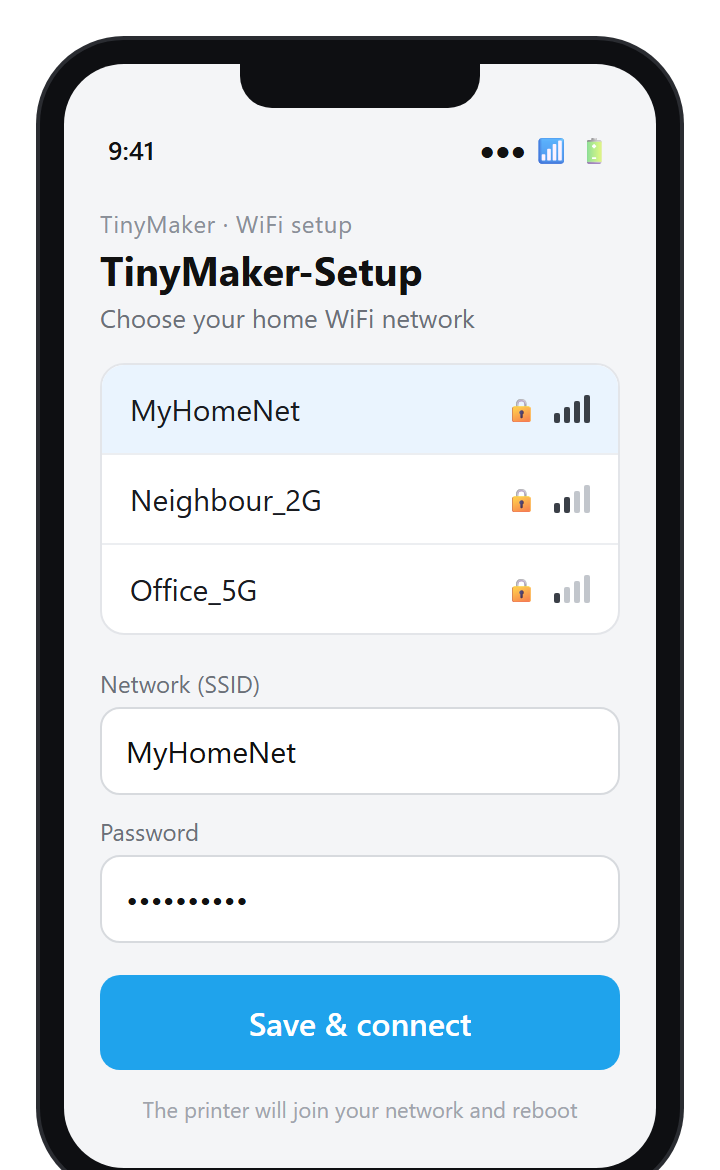The TinyMaker-Setup captive portal as seen on a phone
