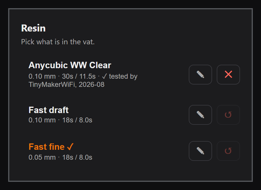 Resin card in the TinyMaker dashboard