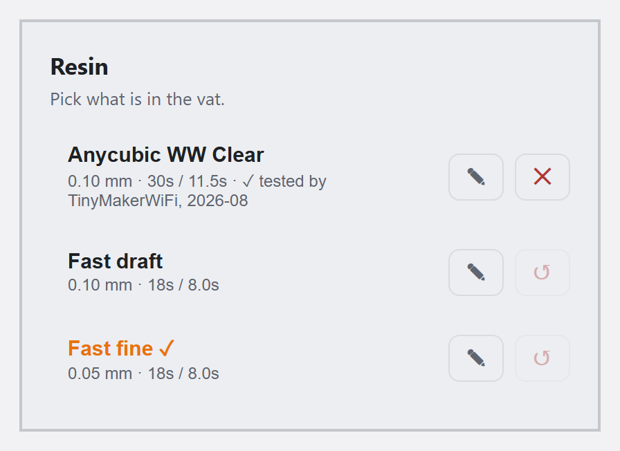 Resin card in the TinyMaker dashboard